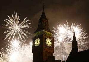 Fireworks explode over Elizabeth Tower housing the Big Ben clock to celebrate the New Year in London, Tuesday, Jan. 1, 2013. (AP Photo/Kirsty Wigglesworth)