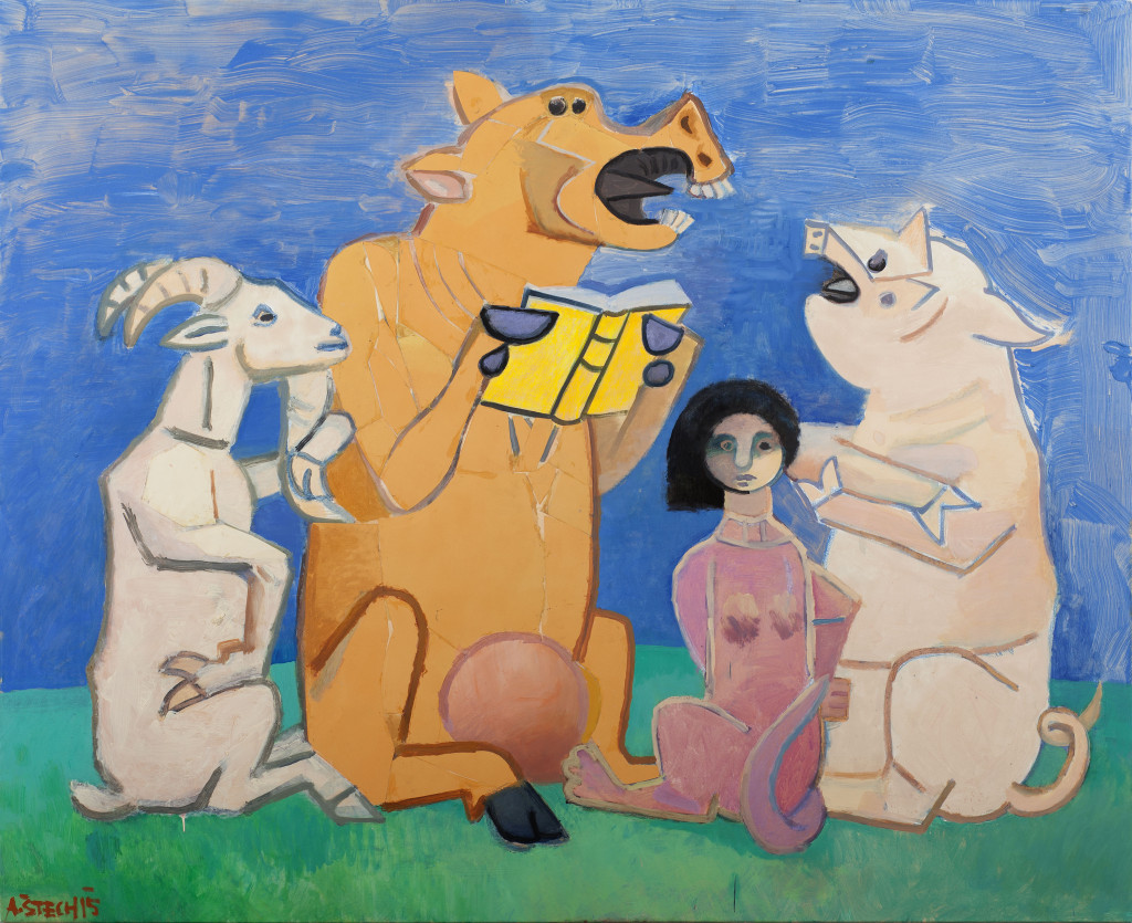 Zvířata, 220 x 180 cm, 2015, olej, barevný papír, plátno 