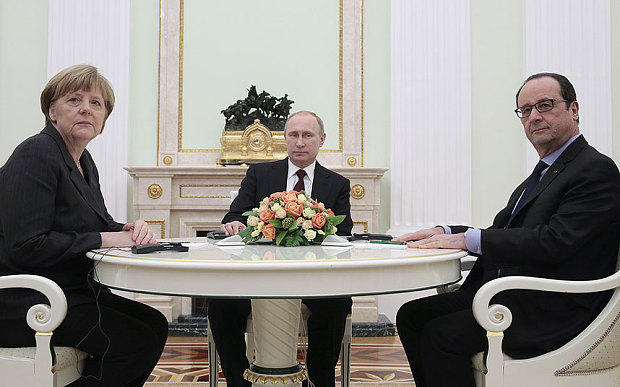 From left: Angela Merkel, Vladimir Putin and Francois Hollande. Illustrative photo.