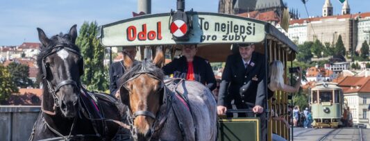 Forty historic trams parade through Prague to mark 150 years of public transport